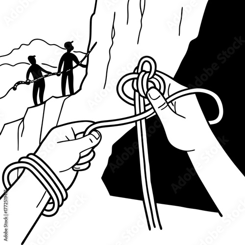 Close-up of hands tying a climbing knot with two climbers in the background Keywords: climbing knot, hands, tying knot, rope, climbing, mountaineering, safety, instruction, learning, technique