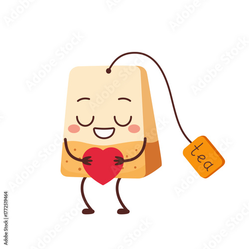 Tea bag cute character cartoon love sign heart smiling face cheerful kawaii joy happy emotions icon vector illustration.