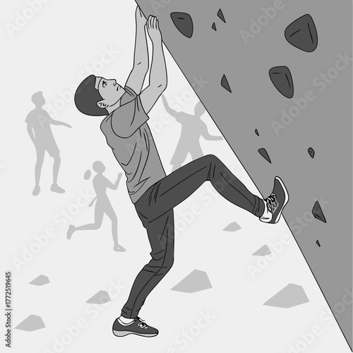 Man bouldering on a rock wall with other climbers in the background climbing rock climbing