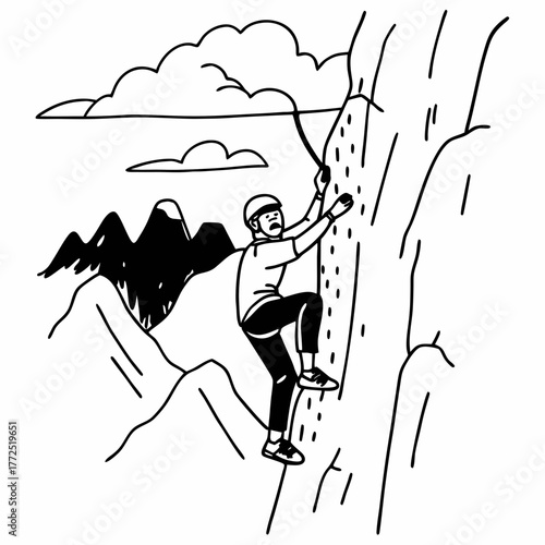 Man climbing a rock face with mountains and clouds in the background Keywords: rock climbing, man, climber, sport, outdoor, adventure, extreme sport, recreation, activity, fitness, healthy