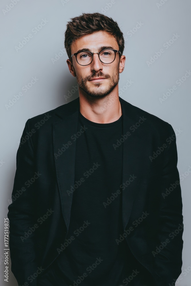 Obraz premium A confident young man with glasses dressed in a black blazer and black shirt.