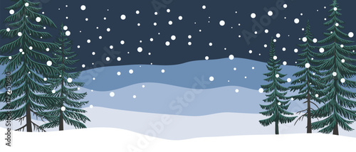 vector drawing winter landscape with snow and fir trees, hand drawn illustration,cover background