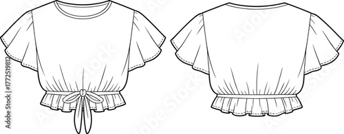 Short sleeve ruffle hem crop top with waist tie flat sketch, women blouse fashion cad drawing, stylish apparel vector design illustration