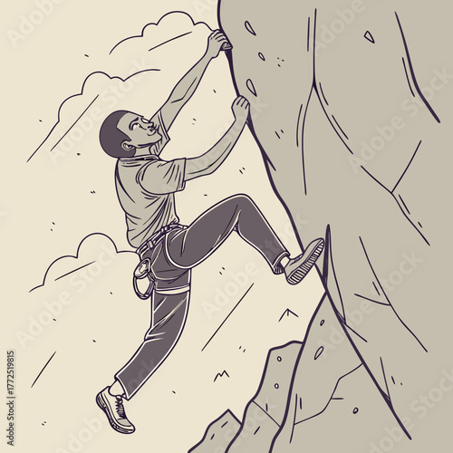 Man rock climbing a sheer cliff face with a cloudy sky Keywords: rock climbing, climber, man, male, athletic, sport, recreation, adventure, outdoor, activity, cliff, rock face, mountain, climbing
