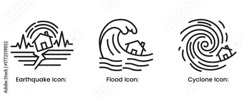 Flood Cyclone Earthquake Warning Safety Emergency Icons Set