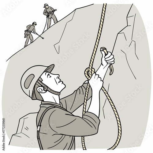 Mountain Climbing Team Securing Rope On Rocky CliffTitle: Mountain Climbing Team Securing Rope On Rocky CliffKeywords: mountain climbing, mountaineering, rock climbing, climber, team, group, rope