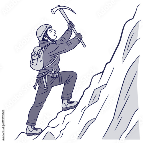 Person climbing a rocky mountain face with an ice axe and backpack rock climbing climber