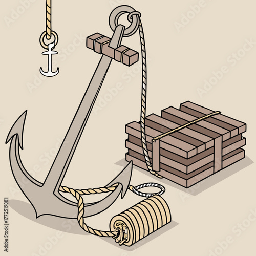 Nautical Anchor With Rope And Wood Planks Isometric IllustrationTitle: Nautical Anchor With Rope And Wood Planks Isometric IllustrationKeywords: anchor, nautical, maritime, sea, ocean, boat, ship