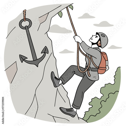 Person rappelling down a rock face using a rope and anchor with a backpack and foliage rock climbing