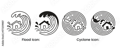 Flood Cyclone Earthquake Warning Safety Emergency Icons Set