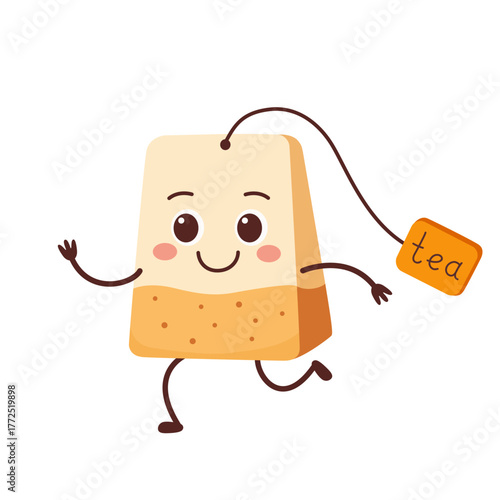 Tea bag cute character cartoon run smile face kawaii joy happy cheerful emotions icon vector illustration.