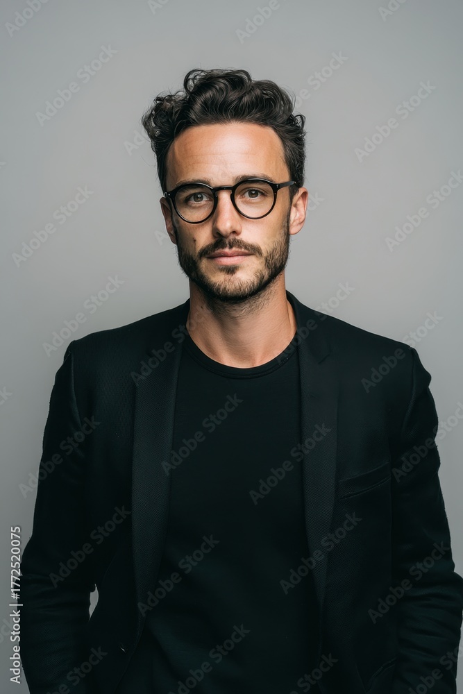 Fototapeta premium A confident young man with glasses dressed in a black blazer and black shirt.