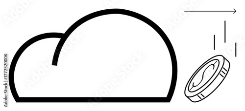 Black cloud outline with a coin moving upward, representing digital transactions and technology. Ideal for finance, savings, cloud storage, online business, fintech, data growth, and innovation