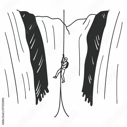 Person rappelling down a steep waterfall cliff face abseiling descent