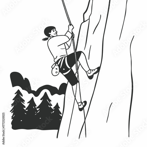 Person Rock Climbing a Steep Cliff Face with Trees and Mountains in the Background Keywords: rock climbing, climber, cliff, mountain, outdoor, adventure, sport, recreation, nature, wilderness