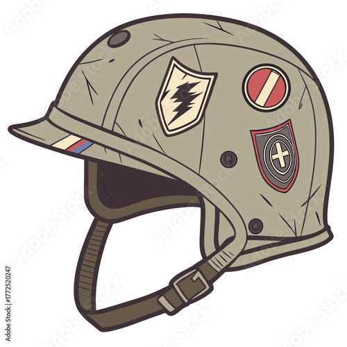 Vintage military helmet with various patches and a chin strap retro