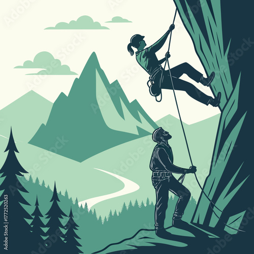 Two climbers ascend a steep rock face with a mountainous landscape and pine trees in the background climbing