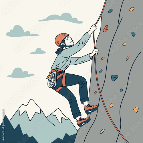 Woman in helmet and harness climbing a rock wall with mountains and clouds in the background rock climbing