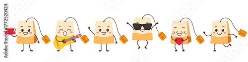 Set of tea bags character cartoon emotions joy, happy, smile, love, plays the guitar sings, jump, run, beautiful vector illustration.