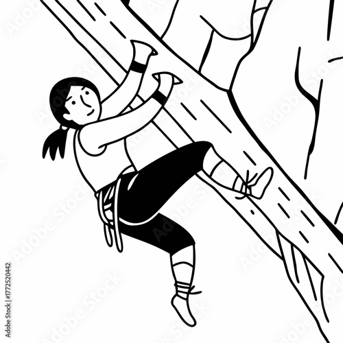 Woman rock climbing a steep rock face with a white background Keywords: rock climbing, climber, woman, female, athletic, sport, recreation, adventure, outdoor, activity, cliff, rock face, mountain