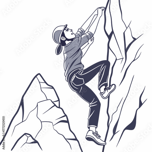 Woman rock climber scaling a jagged rock formation wearing a cap Keywords: rock climbing, climber, woman, female, ascent, mountain, cliff, rock formation, jagged, outdoor activity, sport