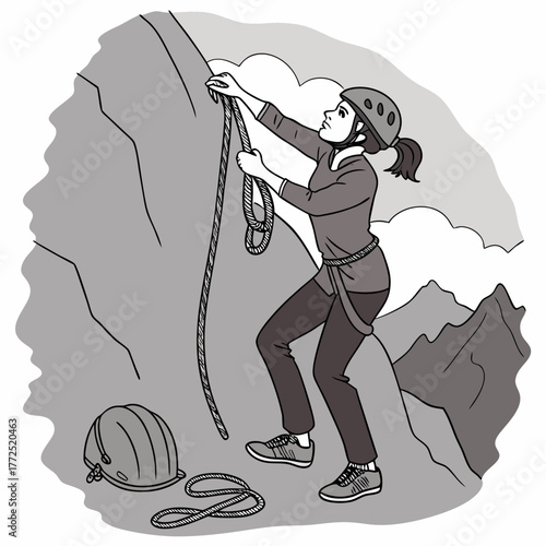 Woman rock climber with helmet and rope preparing to ascend a rocky outcrop in grayscale rock climbing