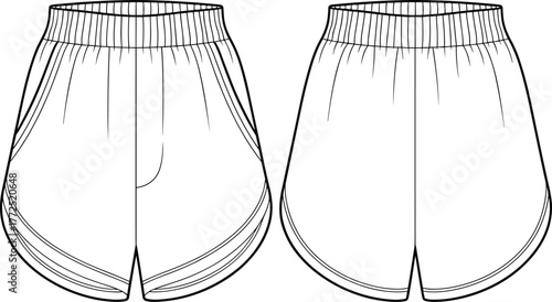 CAD Drawing Flat Vector Illustration of Athletic Shorts, Front and Back View, Elastic Waistband, Curved Hem, Sportwear Design, Garment Construction Layout