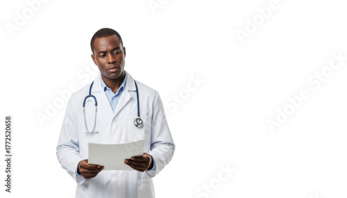 A male doctor in a white lab coat holding a piece of paper, against transparent background