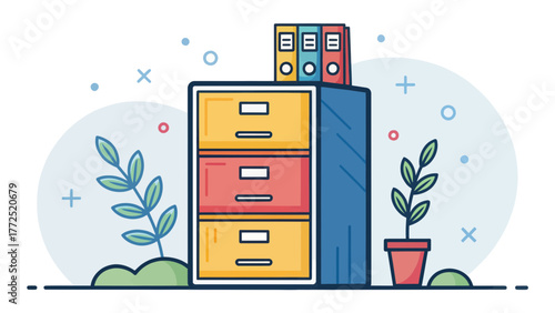A colorful filing cabinet icon with office related objects