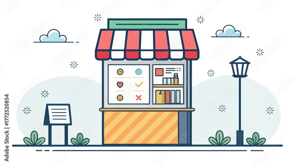 Fototapeta premium Cartoon Display Stand with Food Items and Options