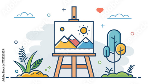 An easel showing a painting of a landscape outdoors