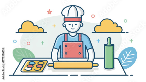 Chef rolling dough in a kitchen with a smiling expression