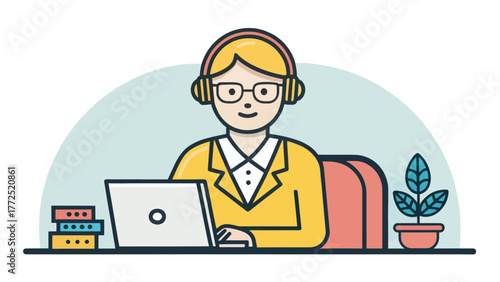 Counselor with glasses using a laptop and wearing headphones