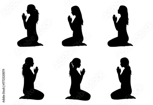 Set of kneeling woman silhouettes in prayer poses