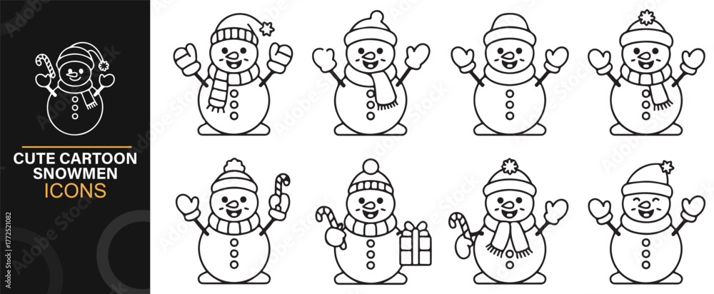 Obraz premium Adorable cartoon snowman characters in black and white vector line art style