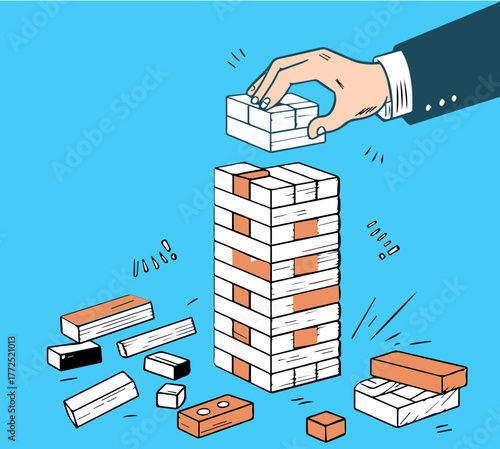 businessman playing Jenga, carefully removing a wooden block from a tall stack. This creative concept represents risk-taking, strategy, leadership, challenge, decision-making, and business balance