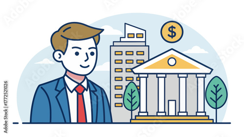 Investment banker standing near a bank building and a dollar symbol
