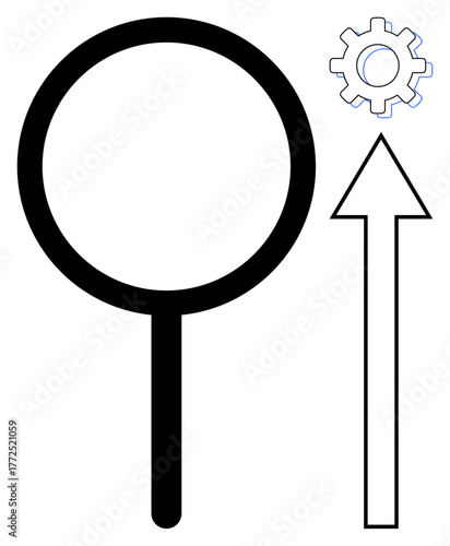 Magnifying glass, upward arrow, gear element emphasize progress, research, analysis, growth, innovation. Ideal for success, strategy improvement transformation business problem-solving simple
