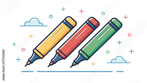 Three colored markers in a vector design illustration