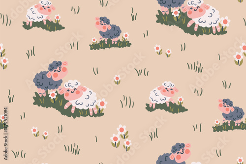 Seamless pattern of cute cartoon sheep. Children's wallpaper of hand-drawn baby animals, little lambs walking in a meadow. Kids print with animals wildlife in a Scandinavian motif. Vector illustration