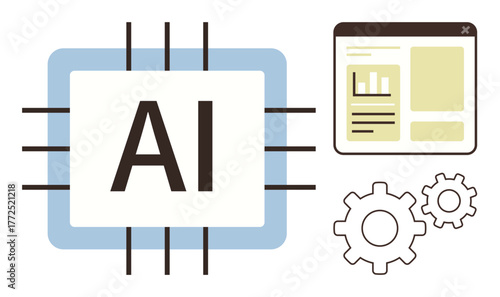 AI chip with circuit lines, analytics dashboard, and mechanical gears symbolizing artificial intelligence, machine learning, innovation, technology, data processing, automation research. Ideal