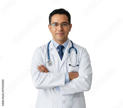 A male doctor in a white lab coat with crossed arms, wearing glasses and a stethoscope, against transparent background