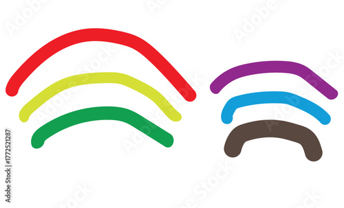 Colourful curved abstract shapes in red yellow green and purple blue brown against white background