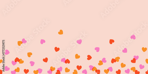 Abstract seamless border for Valentine's Day, background of colorful multi-colored transparent falling hearts on a light background, overlapping effect; vector illustration; flat style, copy space
