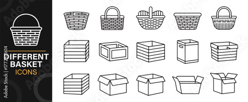 Collection of simple basket illustrations in black and white minimalist vector style