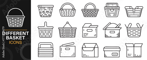 Decorative outline icons of woven baskets for storage, decor, and household use