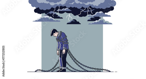 A man burdened by heavy chains and a storm cloud overhead represents feelings of stress, anxiety, and the weight of problems in life.