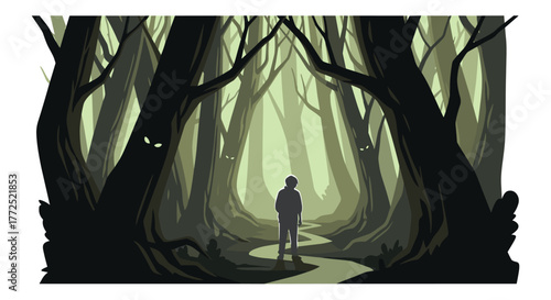 A lone figure stands at the edge of a mysterious, shadowed forest with glowing eyes watching from the darkened trees, creating an eerie atmosphere.