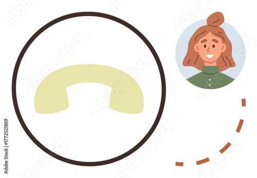 Womans profile next to a phone call icon with connecting dotted lines. Ideal for customer service, communication, technology, virtual meetup, support, telecommunication, social interaction. Minimal