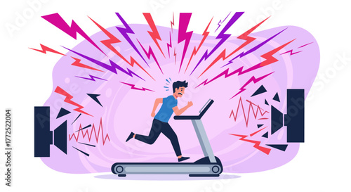 A man runs frantically on a treadmill, overwhelmed by loud sounds and visual representations of stress and noise pollution.